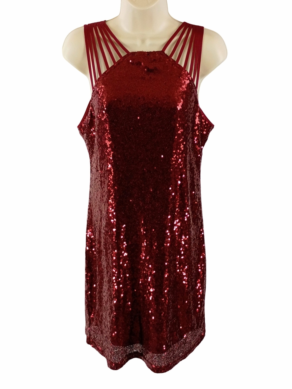 She + Sky Ruby Red Sequin Strappy Midi Dress